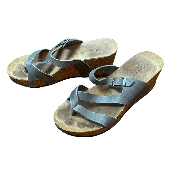 A Giannetti Sage Green Gray Leather Beachy Wedge Sandals Size 8 - Picture 1 of 12
